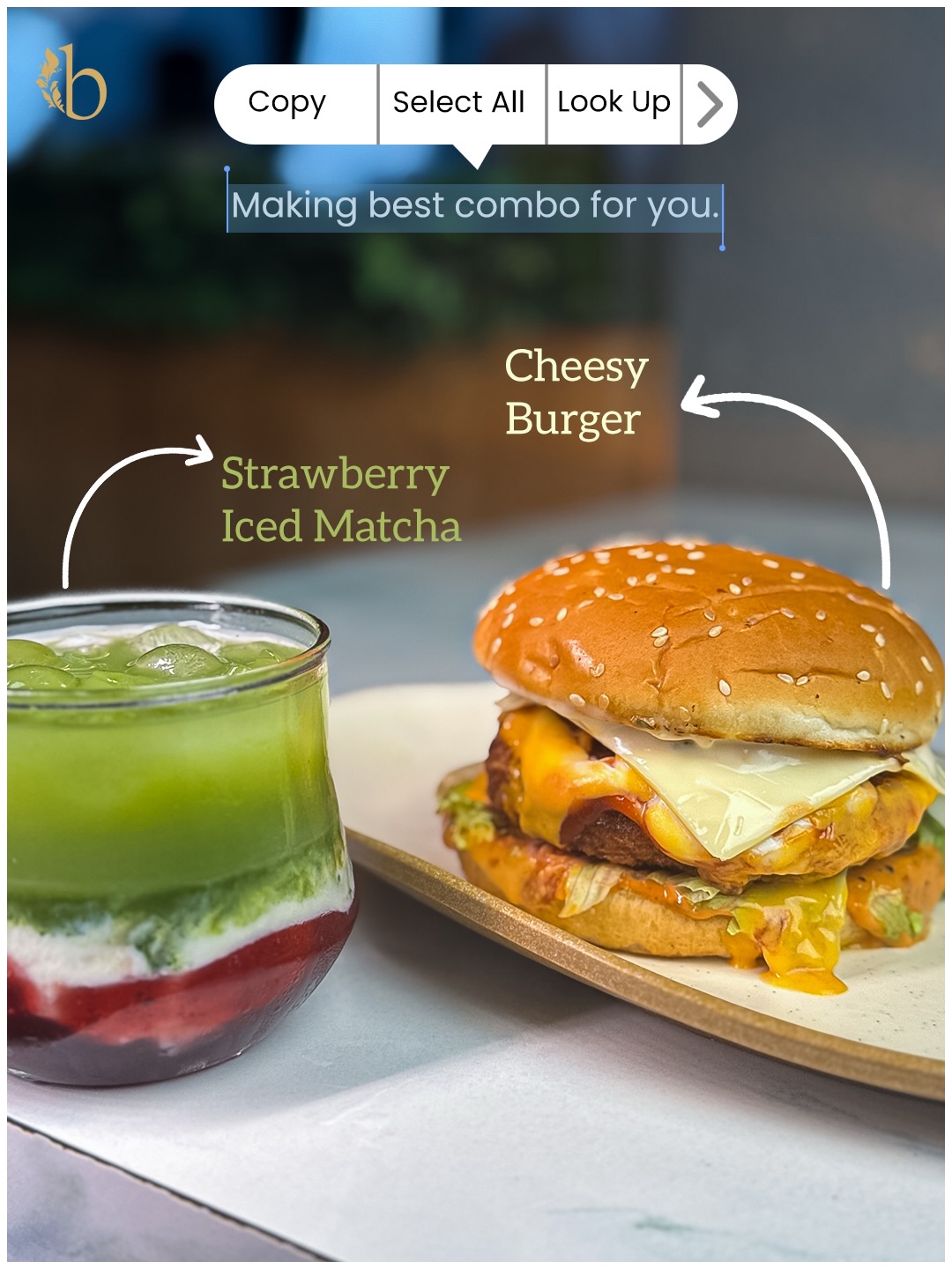 Signature Cheesy Burger and Strawberry Iced Matcha Combo